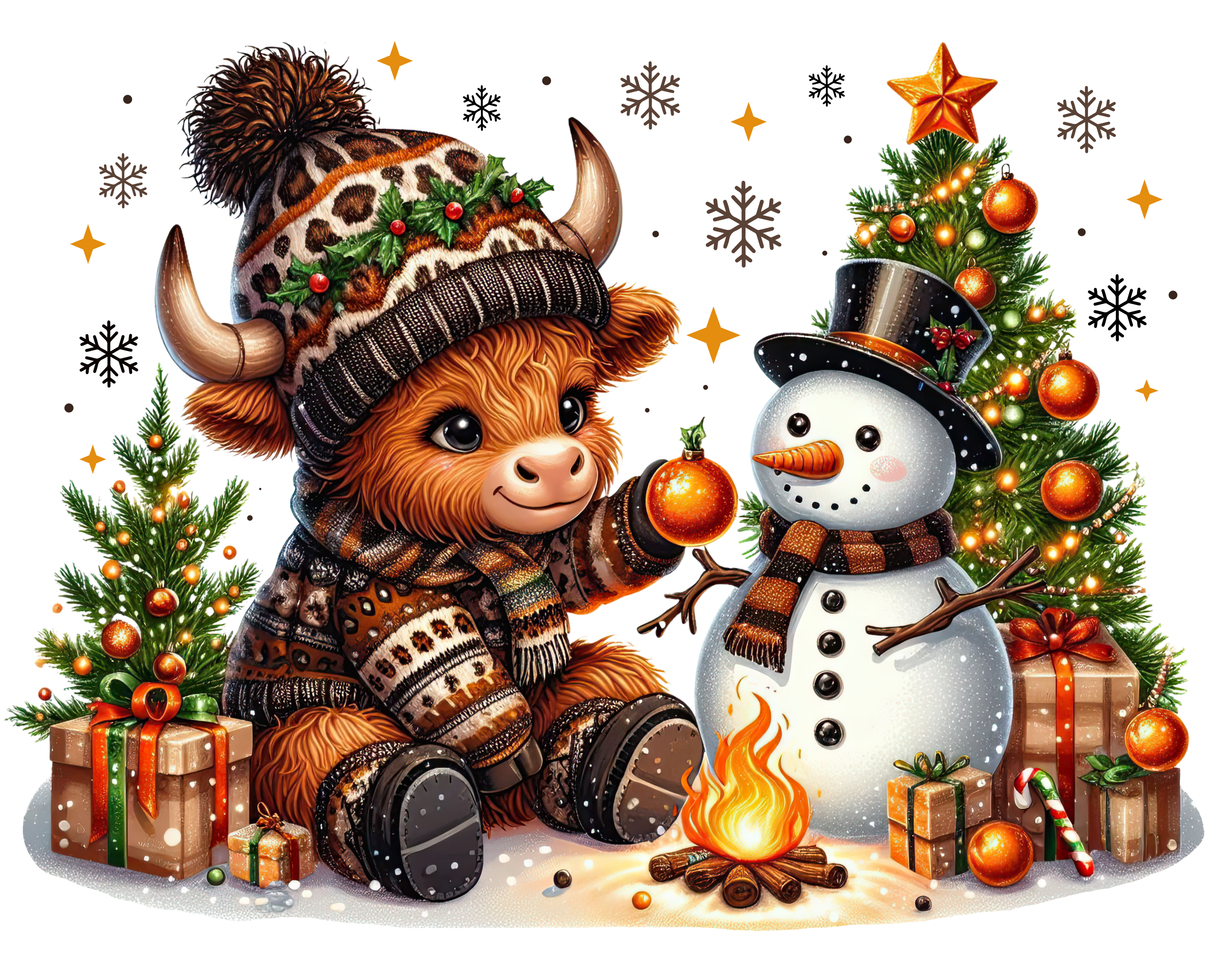 Jersey Cow and Snowman Christmas DTF Print